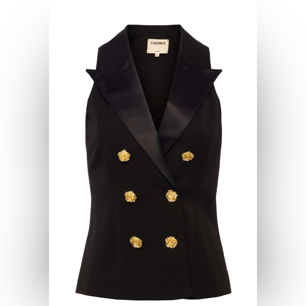 L'AGENCE Black Double-Breasted Sleeveless Blazer Vest with Gold Buttons